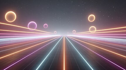 Futuristic Psychedelic Virtual Reality World with Neon Lines and Spheres