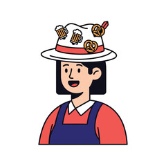 Woman wearing a hat decorated with beer steins and pretzels.