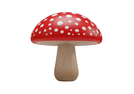 Whimsical Red Mushroom A 3D Render of a Classic Toadstool with White Spots on Transparent Backdrop for Nature Inspired Designs and Children's Illustration Projects