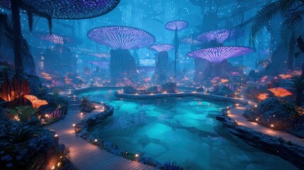 Immersive Psychedelic Virtual Reality Landscape with Glowing Mushrooms