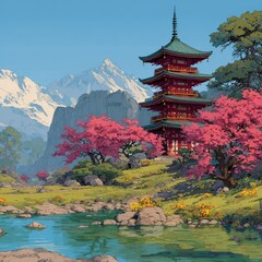 Obraz premium Pagoda and Blossoms