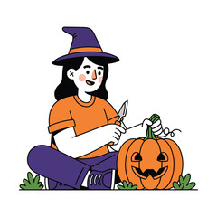 A young witch carving a Halloween pumpkin.