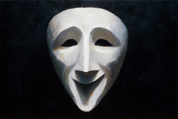 Painting of a white theatrical mask expressing happiness, placed on a black background