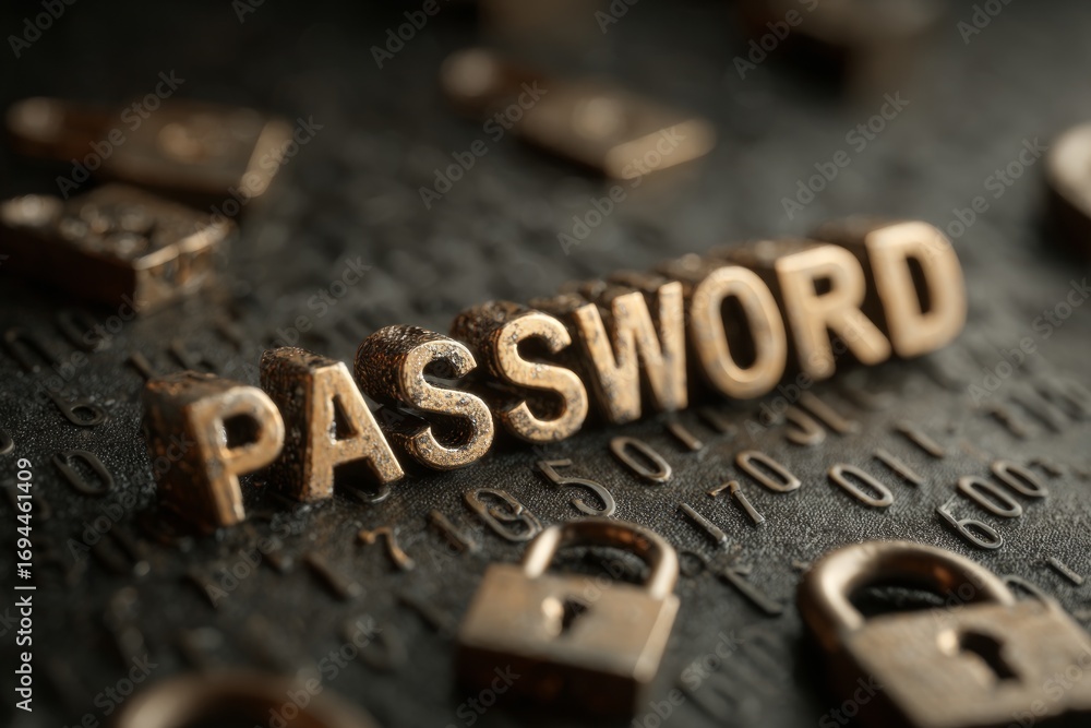 Poster metallic letters spelling password and padlocks lying on dark background with binary code, represent