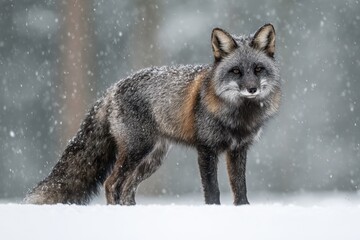 Fototapeta premium Fox Silver. Silver Fox in Snowfall Captivity in Czech Republic, Europe
