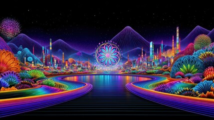 Vibrant Immersive Psychedelic Virtual Reality Landscape Artwork