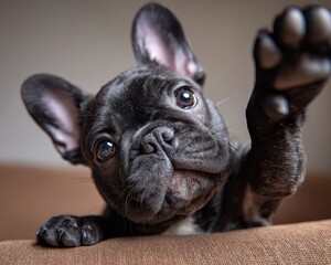 French Bulldog Couch. Closeup of Adorable Black Puppy Reaching on Indoor Sofa