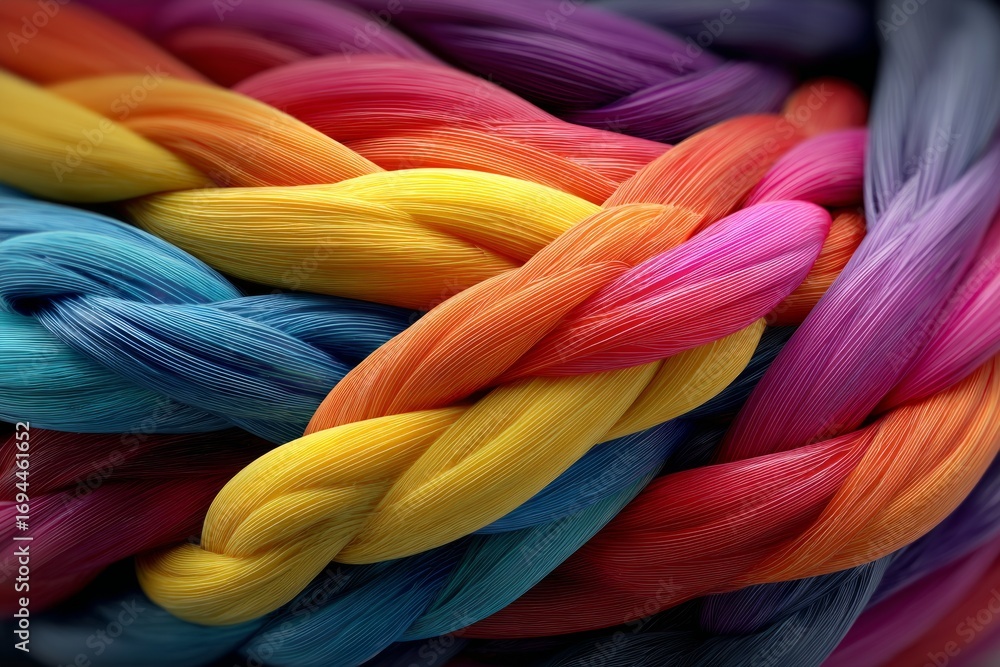 Poster colorful braids intertwined, creating a vibrant spectrum design, symbolizing unity and diversity