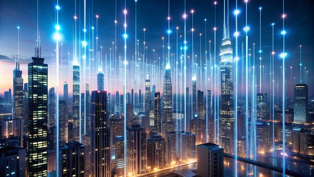 Futuristic cityscape with glowing blue data streams connecting skyscrapers, representing smart city technology and digital connectivity