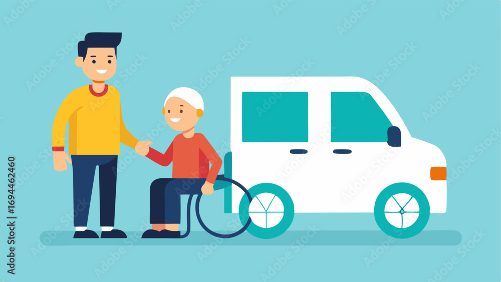 Poster driver assistance an illustration of a smiling driver standing next to a wheelchair user entering th