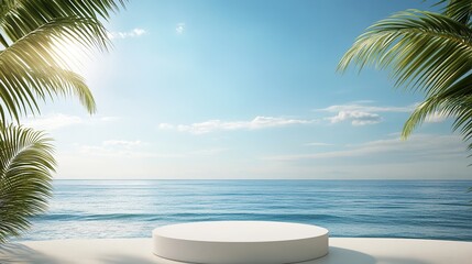 Obraz premium display stand, white, circular, seaside, tropical plants, palm trees, ocean, sea view, blue sky, outdoor, nature, plants, leaves, platform, product display, advertising, scene, background, decoration,