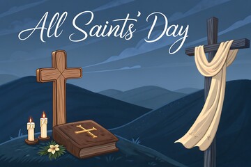 All Saints' Day Cross with Candles and Holy Bible on Hilltop