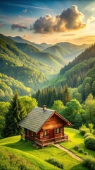 Fototapeta premium Cozy cabin surrounded by lush greenery and rolling hills in a serene countryside setting