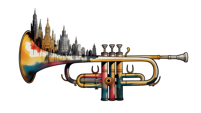 Watercolor illustration of a trumpet with a city skyline isolated on white background musical instrument