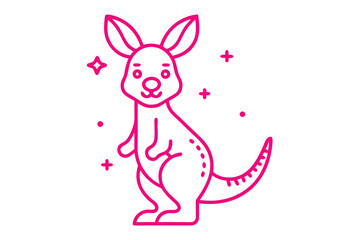 Standing pink kangaroo features simple line art isolated on white background and some star decorations