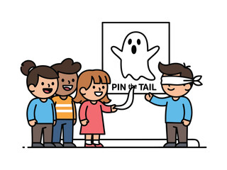 Children playing a pin the tail on the ghost game.