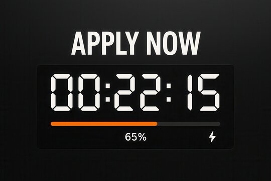 Countdown banner with APPLY NOW and 00:22:15 timer urgency, sleek digital style, essential promotion for immediate action.