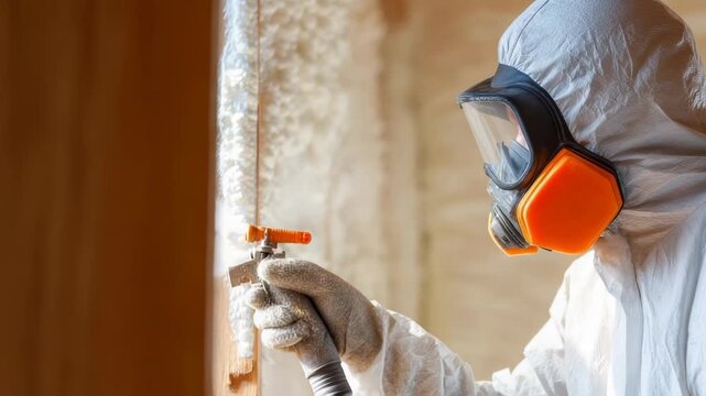 Insulation worker spraying foam with protective suit and mask on wall