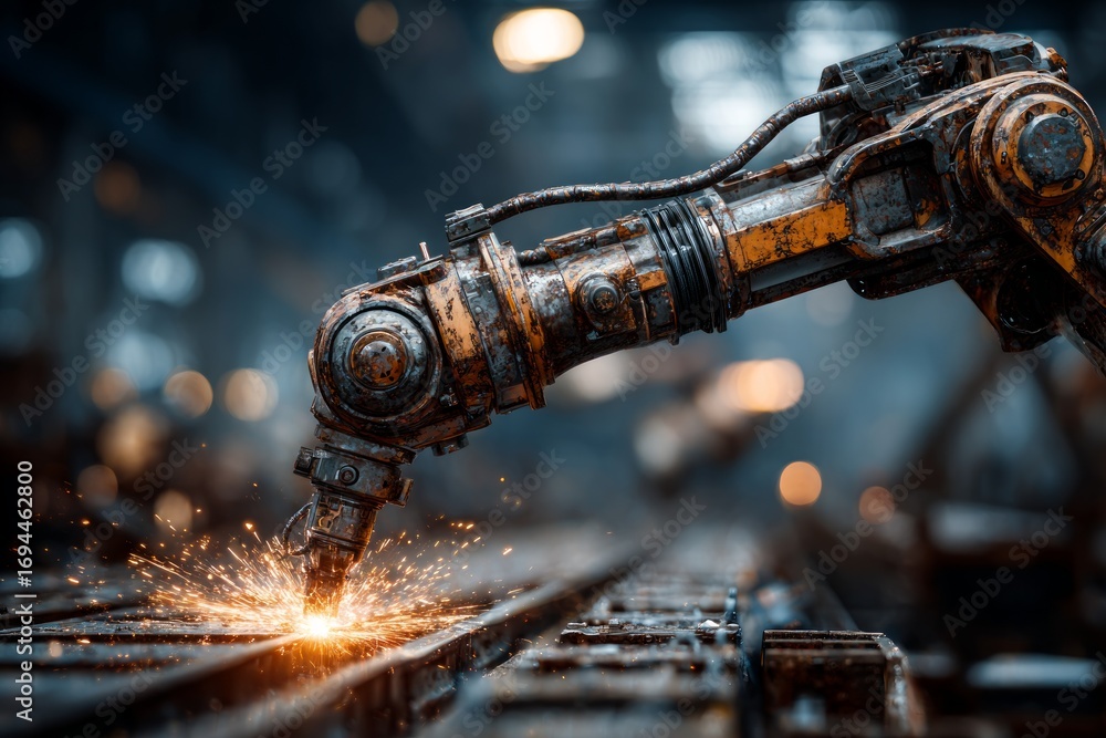 Poster industrial robotic arm using laser welding technology in a factory setting, showcasing automation an