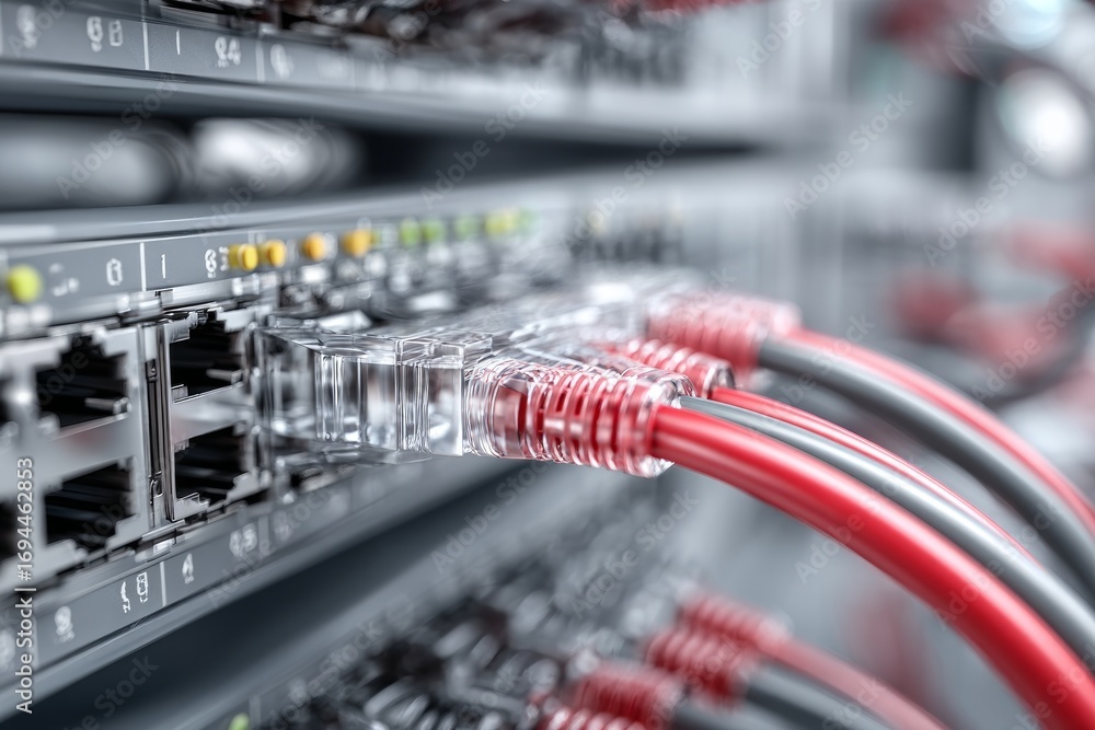 Poster network cables with rj45 connectors plugged into a router providing internet and data services