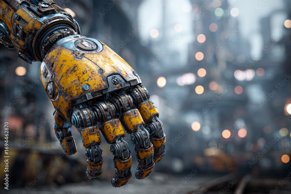 Poster close-up of a weathered robotic hand extending forward against the backdrop of a blurred industrial 