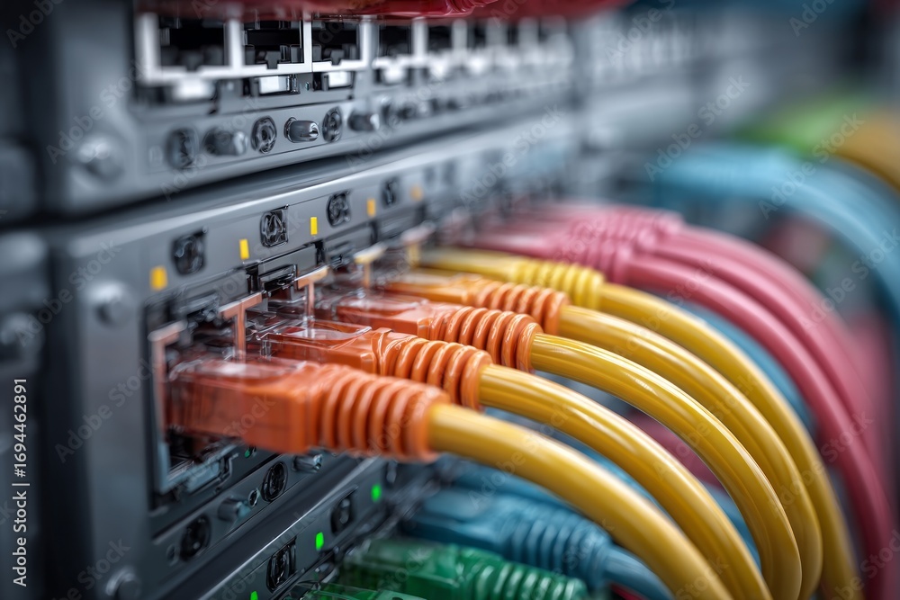 Aufkleber close-up of colorful ethernet cables connecting to network switch, ensuring seamless data transmissi