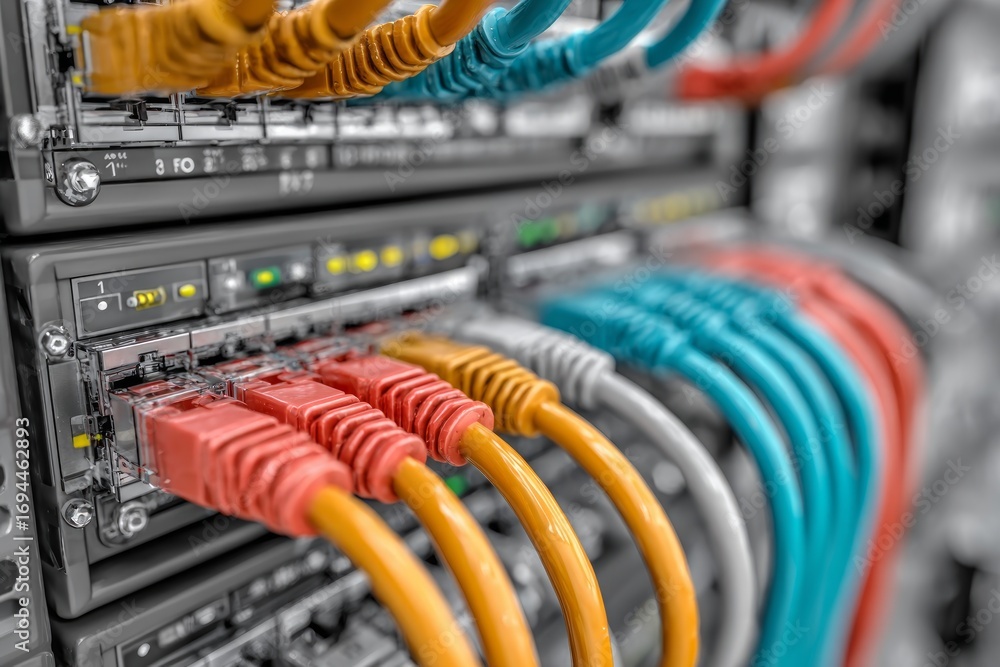 Poster network switch and ethernet cables connecting to servers in data center