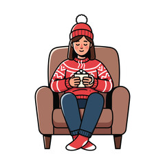 Woman in armchair with hot drink wearing winter clothes.