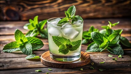Fototapeta premium Refreshing mint cocktail in a glass garnished with fresh mint leaves on a wooden table surface