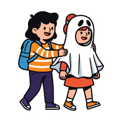 Naklejka premium Two children, one dressed as a ghost, walking together with a backpack.