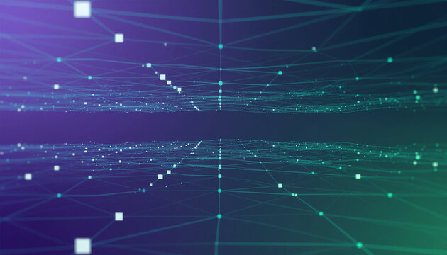 Abstract digital network with connected dots and lines on a purple and green background.