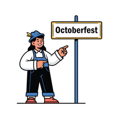 A person in traditional Bavarian clothing points towards a sign that says Oktoberfest, indicating the direction to the festival.