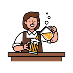 A smiling bartender wearing an apron pours a golden beverage from a pitcher into a frothy beer mug on a wooden counter.