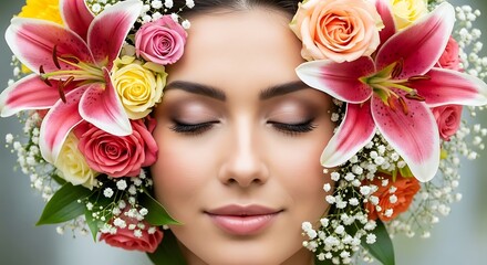 Naklejka premium Woman with flowers, serene, and beauty.