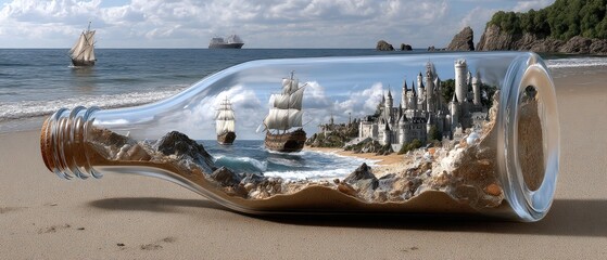 A magical castle encased in glass rests on sandy shores, while a ship sails across the shimmering sea under a bright sky