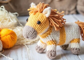 Fototapeta premium Handmade knitted toy horse with colorful yarn and cute facial expression