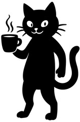 Cute Cat Silhouette Holding Hot Coffee Cup Illustration