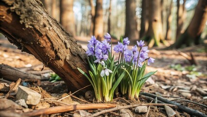 Lush purple flowers emerging from charred forest floor amidst twisted tree trunks and foliage