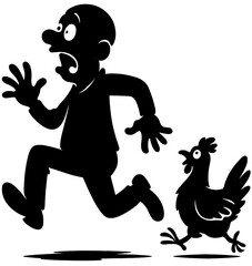 Funny Silhouette of Man Running Away From Chicken Illustration