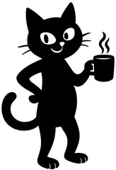 Happy Cat Silhouette Holding Coffee Cup Cartoon Illustration