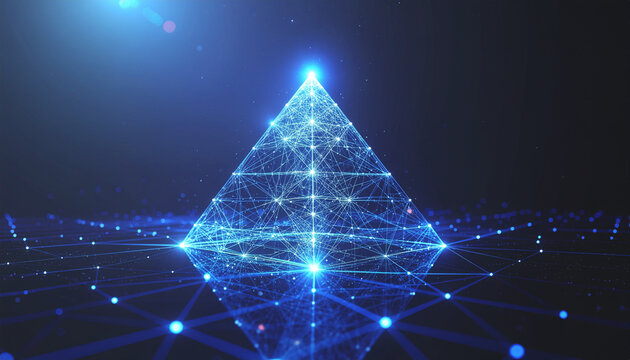 Abstract blue pyramid with connected dots and lines on a dark background.