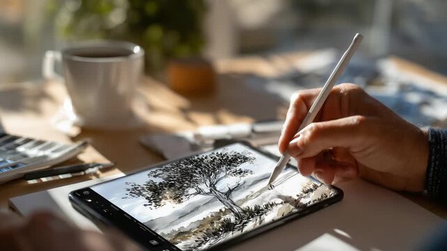 Capture the artistry of a detailed tree drawing on a mobile screen, with a stylus in action, enhanced by natural light and vivid screen brightness.