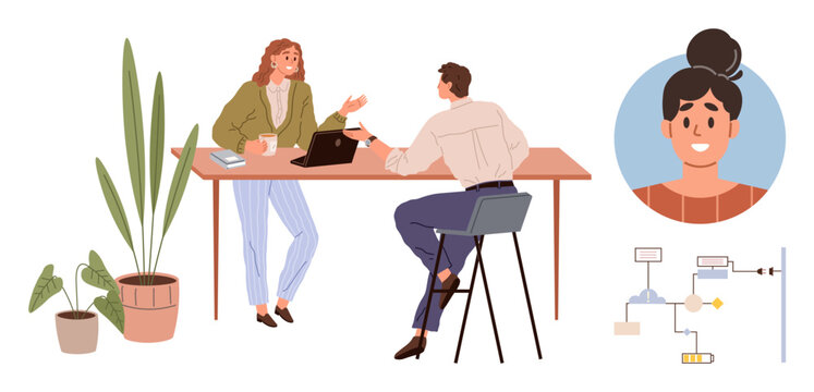 Two colleagues conversing at a shared desk with a laptop, houseplants, a chart showcasing workflows, and a video call participant. Ideal for teamwork, collaboration, remote work, process