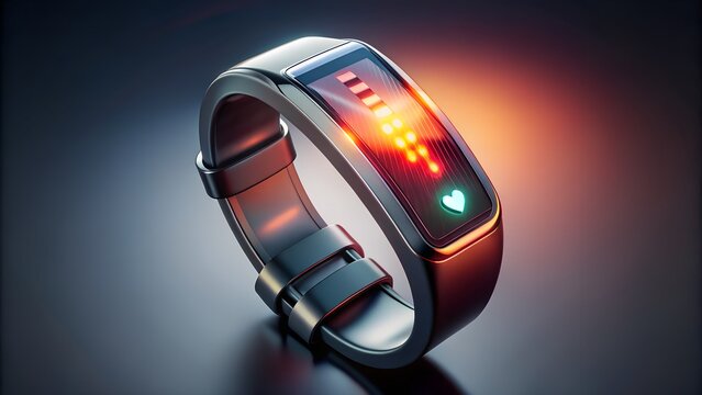 Sleek fitness tracker band with a glowing red and orange display showing battery level and a green heart icon for health monitoring