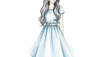 Fashion illustration of a woman in a flowing blue dress isolated on white background
