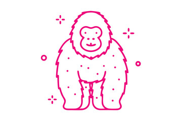 Stylized pink gorilla stands on a white background with simple circular, and star elements