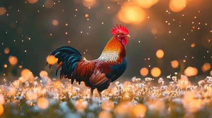 Fototapeta premium Rooster in sunlit meadow. Vibrant plumage, bokeh background