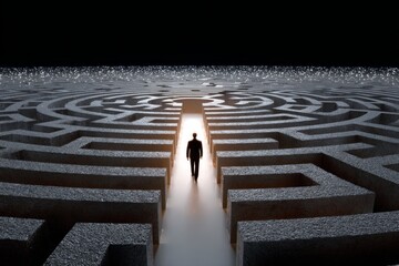 Businessman exiting a difficult circular maze leading to a bright light and dark, starry sky