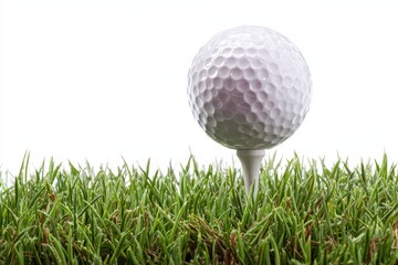 Golf Outing. Golf Ball on Tee in Grass on White Background, Sport Game Concept