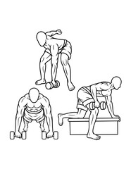 muscle male dumbbell gym sport training line art, hand drawn, sketch illustration
